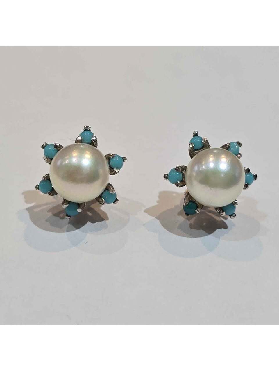 14k White Gold Shinju Pearl & Turquoise Earrings